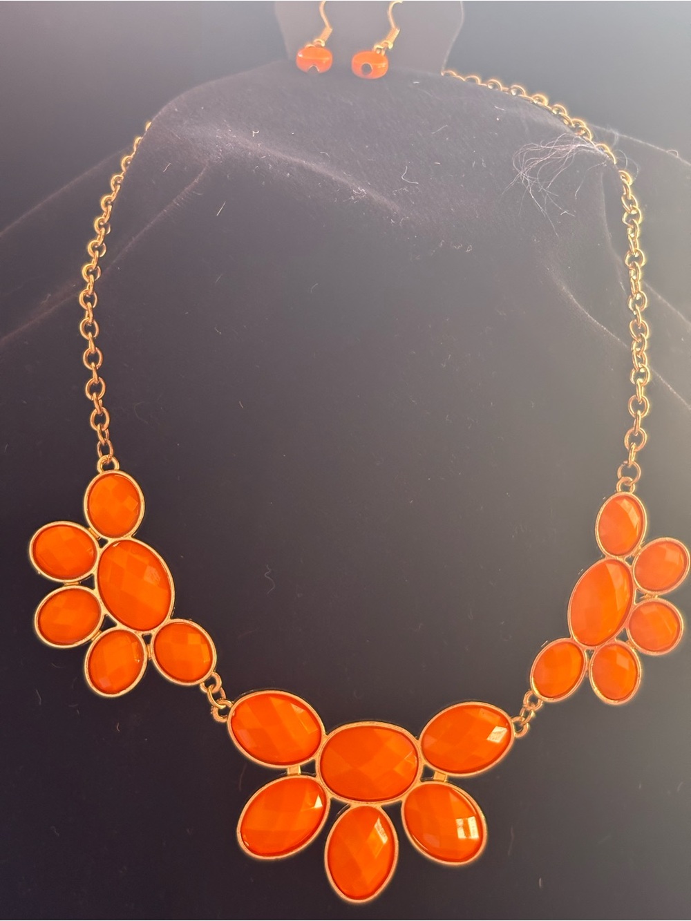 Gold-Frame Orange Statement Necklace and Earrings Set